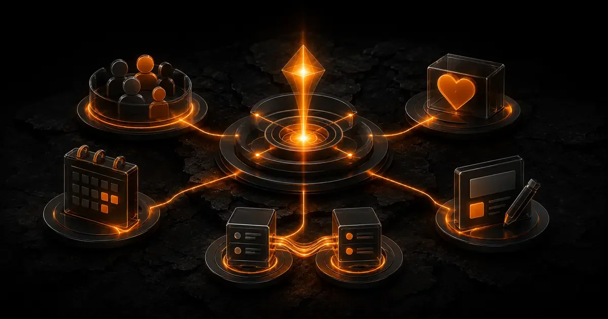Dark glass nonprofit hub connecting mission, membership, donations, events and administration with orange lines