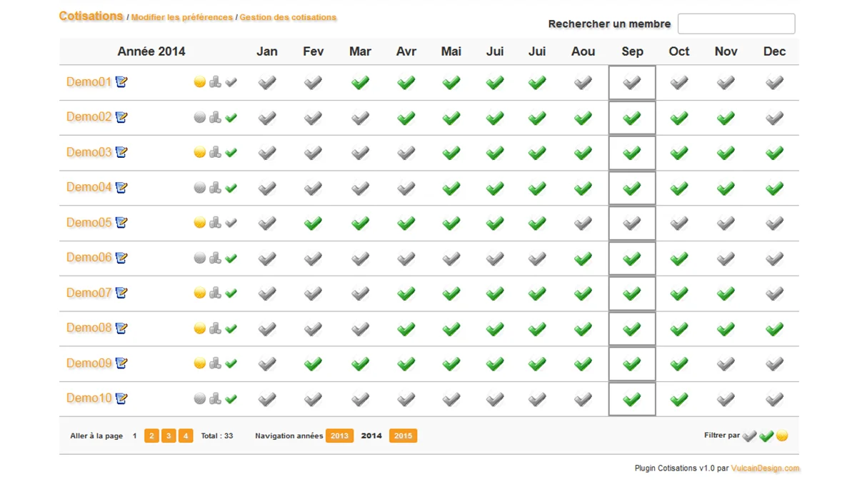 Aperçu du projet Plugin Cotisations v1.0 : Gestion des adhésions — VulcainDesign