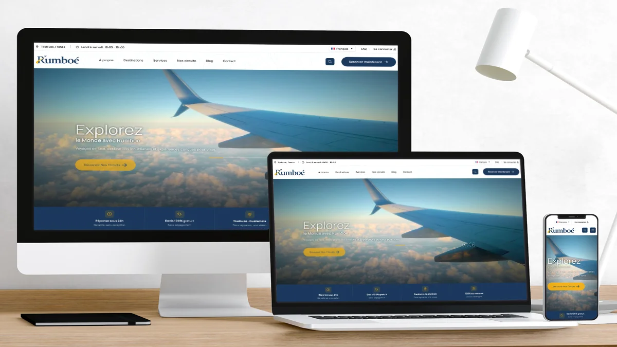 Aperçu du projet Rumboé : Identité visuelle, design & développement pour agence de voyages haut de gamme — VulcainDesign